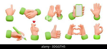 3D cartoon hands in green cuffs display diverse gestures with expressive actions. Bright colors enhance each pose including peace sign and thumbs up. Stock Vector
