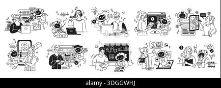 Series of black and white line art featuring robots and humans. Various scenes depict collaboration and creativity in technology and science. Ideal fo Stock Vector