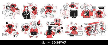 Playful vector illustrations of artificial intelligence robots collaborating with diverse business professionals. Red and black scenes depict teamwork Stock Vector