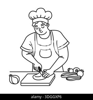 Line drawing of a chef cutting vegetables. Calm expression. Standing at counter in uniform. Simple black and white style. Ideal for culinary content a Stock Vector