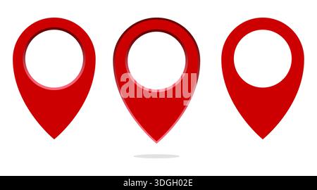 Three red pins. Empty map markers. Vector location pointers. Simple outline shapes Stock Vector