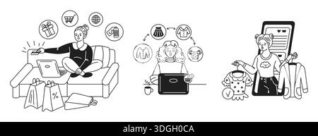Three cartoon characters engaging in online shopping. One is on a laptop with shopping bags, another browsing clothes on a computer, and the third usi Stock Vector