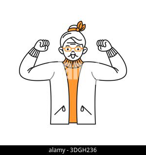 Vector illustration of a senior woman with glasses and headscarf, flexing muscles in a confident pose, wearing a sweater and cardigan, on a white back Stock Vector