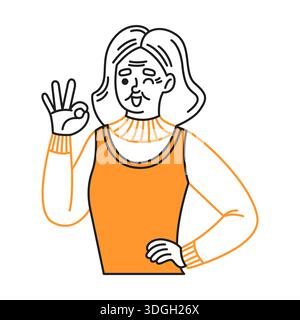 Line art of a woman wearing an orange top making an okay hand gesture, illustrating agreement or satisfaction in a minimalist style. Her expression is Stock Vector