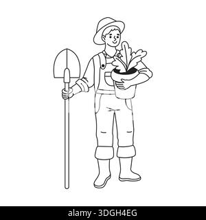 Black and white line drawing of a gardener holding a plant pot with a leafy plant. The gardener wears boots, overalls, and a hat while holding a shove Stock Vector