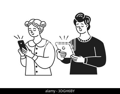 Cartoon illustration of two characters using devices. The woman holds a smartphone with a smile. The man reads a tablet. Simple black and white design Stock Vector