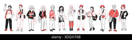 Illustration of a diverse group of young students in casual outfits, showcasing different styles and accessories. They hold books, gadgets, and bags, Stock Vector