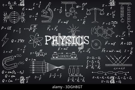 Physics concepts illustrated on blackboard with formulas and diagrams. Educational design for science enthusiasts and students in monochrome chalk sty Stock Vector