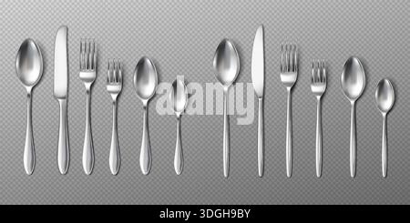 Set of realistic silverware includes spoons, forks, knives arranged on transparent background. Reflective metallic finish suitable for dinnerware desi Stock Vector
