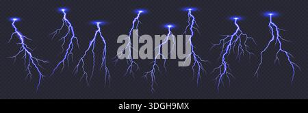 Electric blue lightning bolts in a digital illustration on a transparent background. This striking visual is perfect for themes of power and energy wi Stock Vector