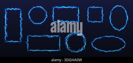 Digital image featuring various glowing blue electric frames. Luminescent geometric shapes are set against a dark background. Ideal for tech or scifi Stock Vector