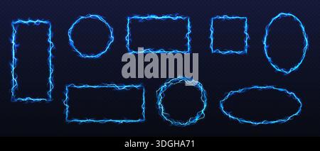 Digital image featuring various glowing blue electric frames. Luminescent geometric shapes are set against a dark background. Ideal for tech or scifi Stock Vector