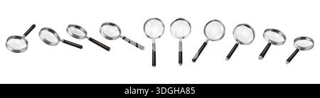 Collection of realistic magnifying glasses arranged in a horizontal line, each with a metal frame and black handle, isolated on a white background. Stock Vector