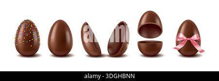 Collection of realistic chocolate eggs showing different designs, including sprinkles and a pink ribbon. Perfect for festive and holiday themes. Stock Vector