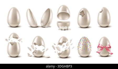 This illustration features a series of detailed egg designs. It includes whole, cracked, and decorated eggs with sprinkles and a pink ribbon over a wh Stock Vector