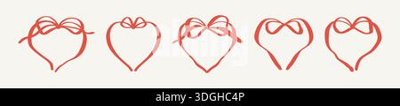 Red heart ribbons with playful bow doodle frames. Romantic heart organic shaped designs perfect for birthday cards, valentine gifts, and whimsical wed Stock Vector