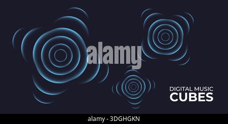 Cyber round cubes. Neon glowing cubes in motion. Music, gaming, technology, background. Stock Vector