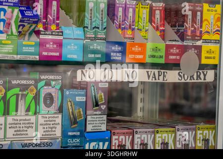 Colourful selection of flavoured vapes on display in a high street vaping shop window with a sign 'NO ID NO VAPE, SORRY' ages restrictions on vapes Stock Photo - Alamy Colourful selection of flavoured vapes on display in a high street vaping shop window with a sign 'NO ID NO VAPE, SORRY' ages restrictions on vapes Stock Photo - Alamy