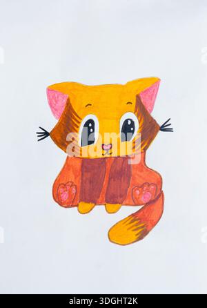 Adorable hand-drawn orange kitten with big eyes Stock Photo