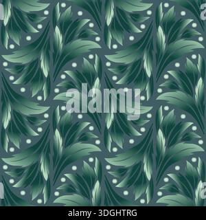 Delicate elegant green seamless pattern in classic style. Green leaves fans on gray background. Art nouveau vintage flora design. Vector illustration Stock Vector