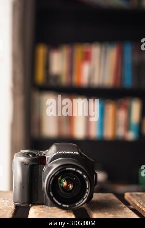 Barcelona, Catalonia, Spain: January 15, 2026. The Olympus IS-10 is a compact 35 mm analog camera, a fusion between a DSLR and a compact camera. Stock Photo