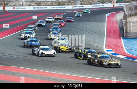 Cars race at the start of the 24H Series Dubai event at Turn 14 of Dubai Autodrome in Dubai, United Arab Emirates, on 17 Jan 2026. Credit: Manoj Soundararajan/Alamy Live News Stock Photo