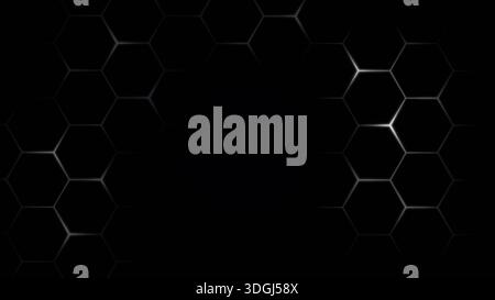Pattern of glowing metallic hexagons on black background. Technology, connection and data concept. Full frame abstract and modern background. Stock Photo