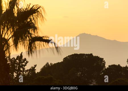 The silhouette of the Troodos Mountains seen from near Larnaca against a warm, golden sunset sky. Mediterranean trees frame the serene and beautiful C Stock Photo