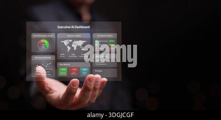 Executive AI dashboard interface in businessman hand, displaying artificial intelligence performance, data metrics, system insight for decision making Stock Photo