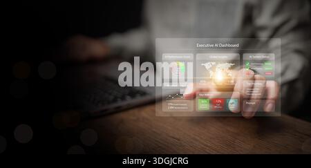 Executive AI dashboard at workspace. A businessman with laptop analyzing performance metrics, global insights, and system status. Artificial intellige Stock Photo