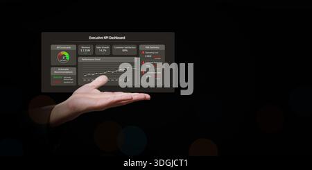 Hand holding executive KPI dashboard with performance trend, risk summary, and business recommendations. Analytics, strategic planning, data driven de Stock Photo