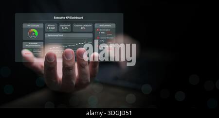 Hand holding a futuristic executive KPI dashboard with performance trend, revenue, customer retention, and conversion metrics. Ideal for business stra Stock Photo