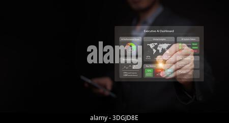 Executive AI dashboard for decision making. A businessman checking performance score, system insights, and business metrics. Artificial intelligence, Stock Photo
