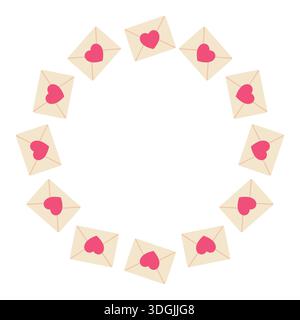 Round frame love letter in envelope. Isolated white background. Flat style vector illustration. Stock Vector