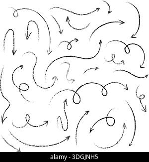 Arrows chalk crayon hand drawn doodle set. Vector textured charcoal sketch arrow pointers different directions. For infographic, presentation, web Stock Vector