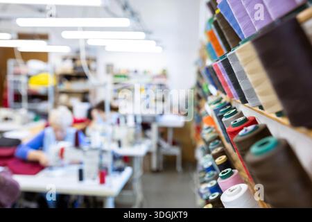 Spools of thread of various colors neatly arranged on wooden shelves, creating a visually appealing display for sewing and tailoring projects or facil Stock Photo