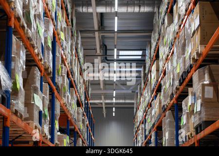 A low-angle view of a tall aisle in a modern logistics warehouse. Industrial orange and blue racks are filled with cardboard boxes on pallets, wrapped Stock Photo