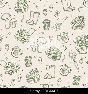 Cottagecore seamless pattern with green coquette hand drawn doodles. Gardening elegance design. Vintage cottagecore print for fabric Stock Vector
