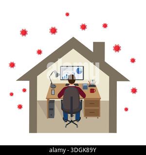 A man sits at a computer and working online at home. Social distancing and self-isolation during virus quarantine. Stock Vector