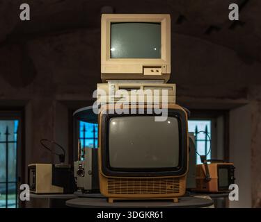 Old classic computer PC and analog TV from 60s 70s Stock Photo
