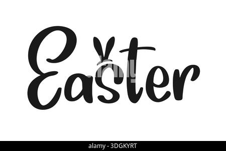 Handwritten Easter Word with Bunny Rabbit Ears Lettering. Spring Holiday Poster Bold Hand Drawn Calligraphy Script. Clean Typography for Seasonal Decor. Creative Easter Lettering. Vector Illustration Stock Vector
