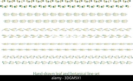 A hand-drawn botanical line set featuring soft green gradation, ideal for natural, fresh designs and decorations. Stock Vector