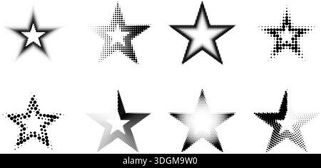 Eight unique black star shapes with halftone dot patterns and gradient effects on white Stock Vector