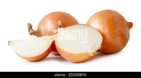 Two bulbs of white or big onions with slices in half and quarter in stack are isolated on white background with clipping path. Stock Photo