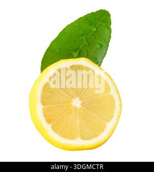 Front view of ripe yellow lemon fruit in single circle slice with its green leaf is isolated on white background with clipping path. Stock Photo