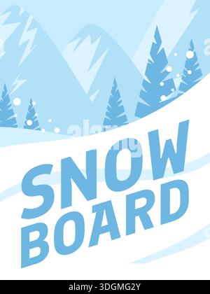 snowboard poster with snowy mountain peaks, stylized blue palette and geometric shapes, pine trees lining Stock Vector