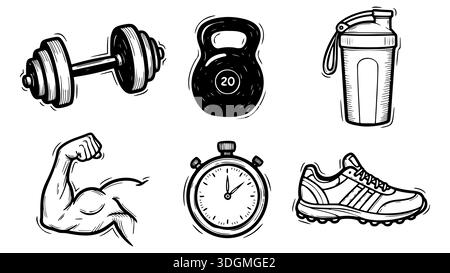 A professional minimalist line art vector set of essential gym and bodybuilding icons. Stock Vector