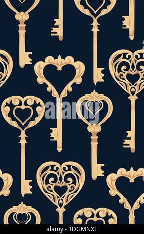Vector seamless pattern with golden keys on dark background. Vintage texture with metal keys. Old keys pattern for wallpaper and fabric Stock Vector