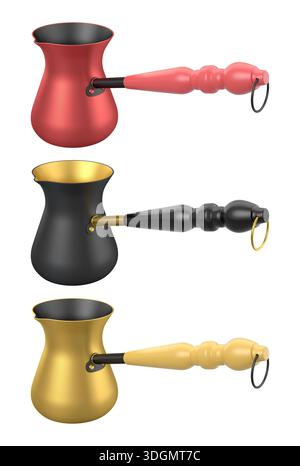 Set of colorful cezve coffee pots filled with coffee beans, isolated on ...