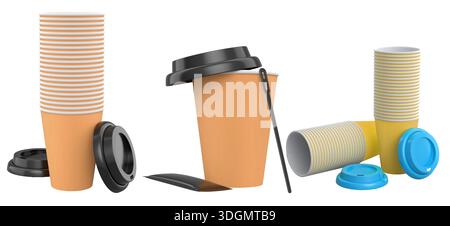 Set of takeaway coffee cups with plastic lids, stirrers, and sugar sachets isolated on white background. Concept of beverage service Stock Photo